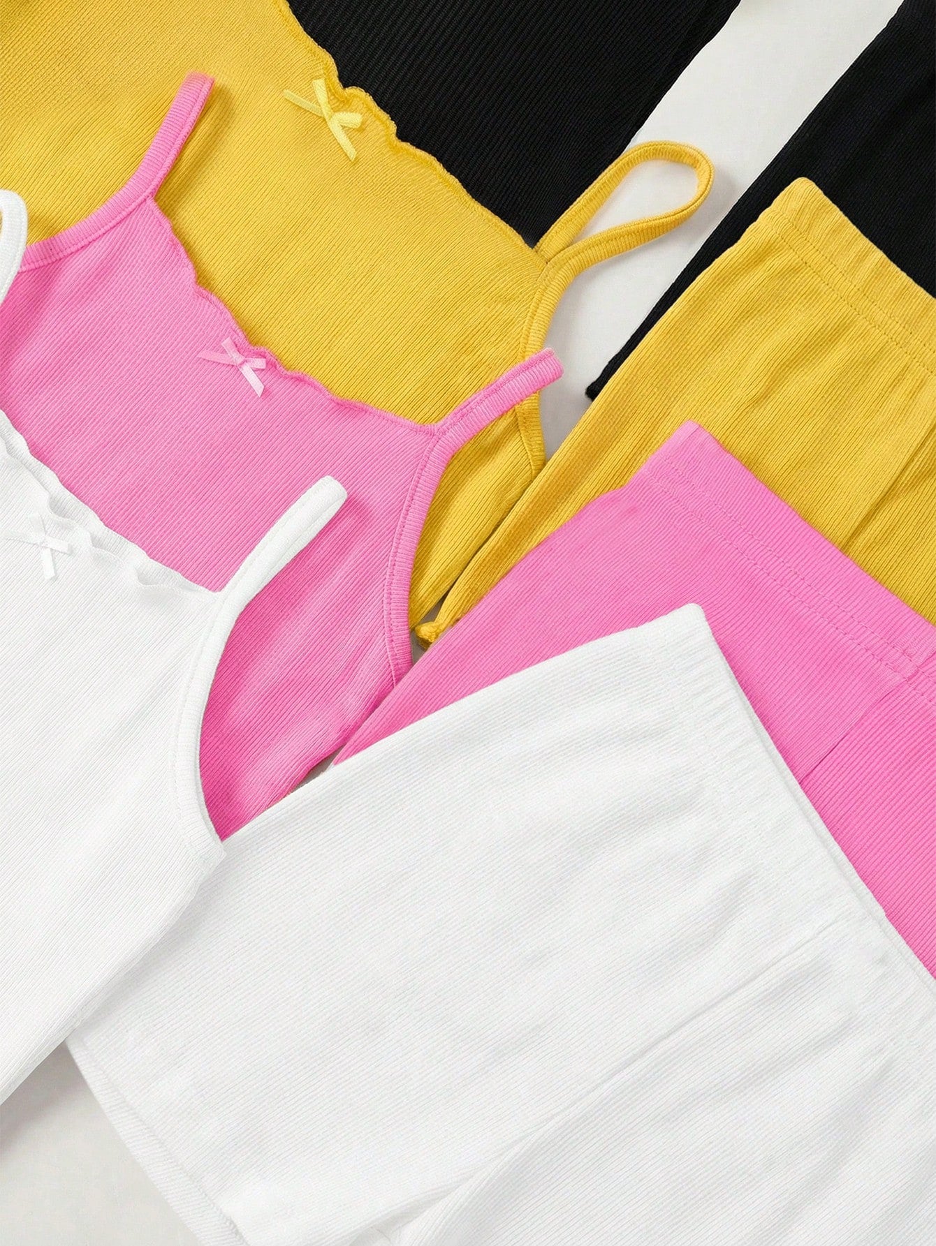 Random 8pcs/Set Baby Girl Pink And Green Summer Outfit,Casual Solid Ribbed Knit Camisole Tops And Shorts Set,Home Wear Cute Daily Clothes For Girls
