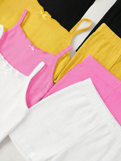 Random 8pcs/Set Baby Girl Pink And Green Summer Outfit,Casual Solid Ribbed Knit Camisole Tops And Shorts Set,Home Wear Cute Daily Clothes For Girls