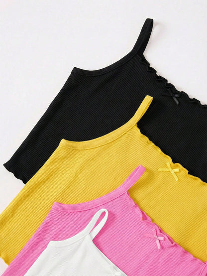 Random 8pcs/Set Baby Girl Pink And Green Summer Outfit,Casual Solid Ribbed Knit Camisole Tops And Shorts Set,Home Wear Cute Daily Clothes For Girls