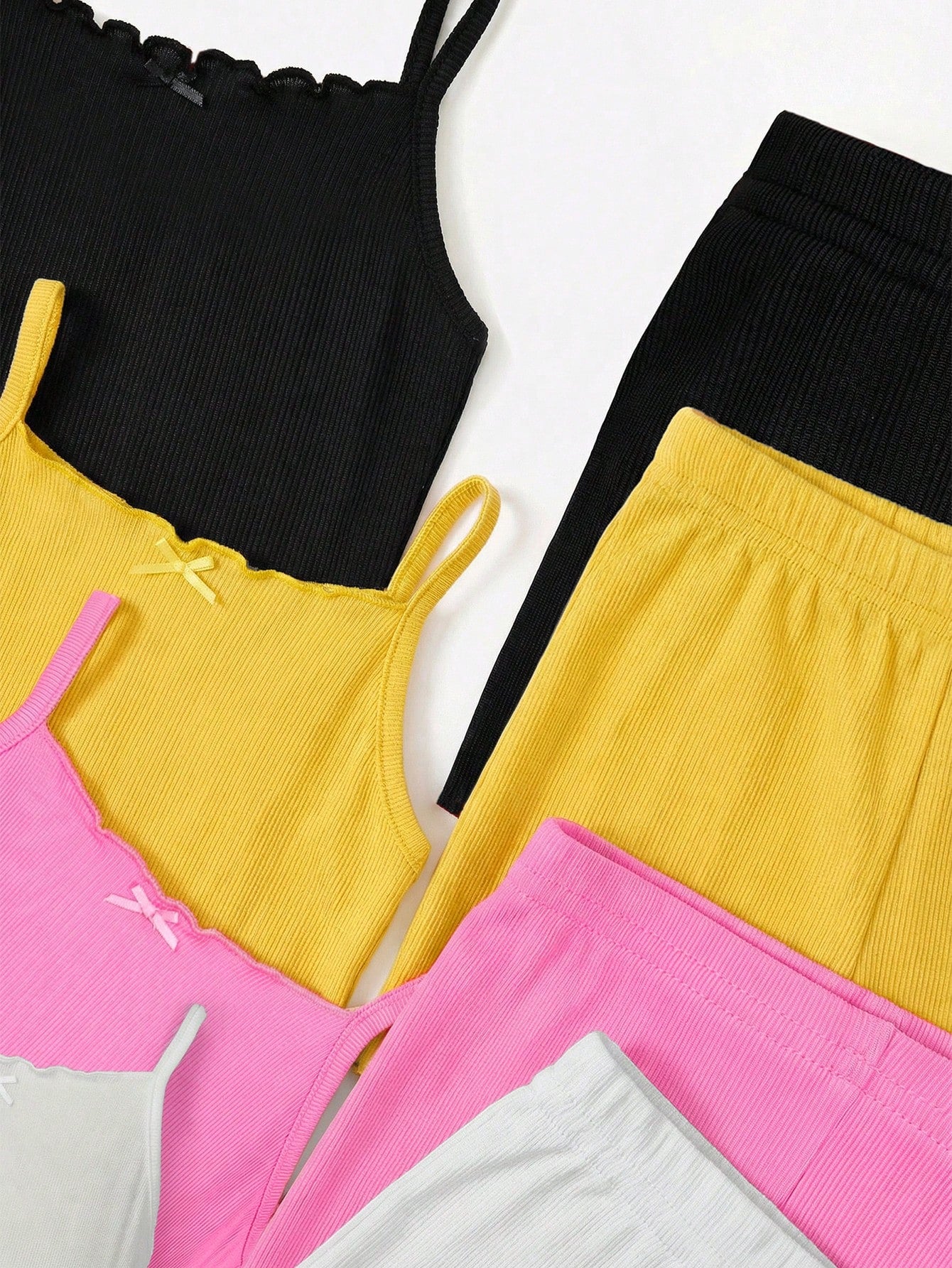 Random 8pcs/Set Baby Girl Pink And Green Summer Outfit,Casual Solid Ribbed Knit Camisole Tops And Shorts Set,Home Wear Cute Daily Clothes For Girls
