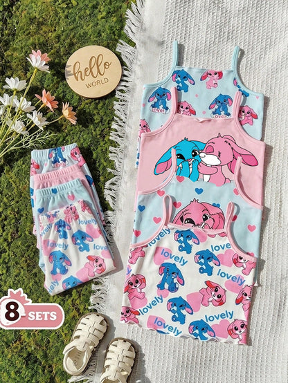 Random 8pcs/Set Baby Girl Pink And Green Summer Outfit,Casual Solid Ribbed Knit Camisole Tops And Shorts Set,Home Wear Cute Daily Clothes For Girls
