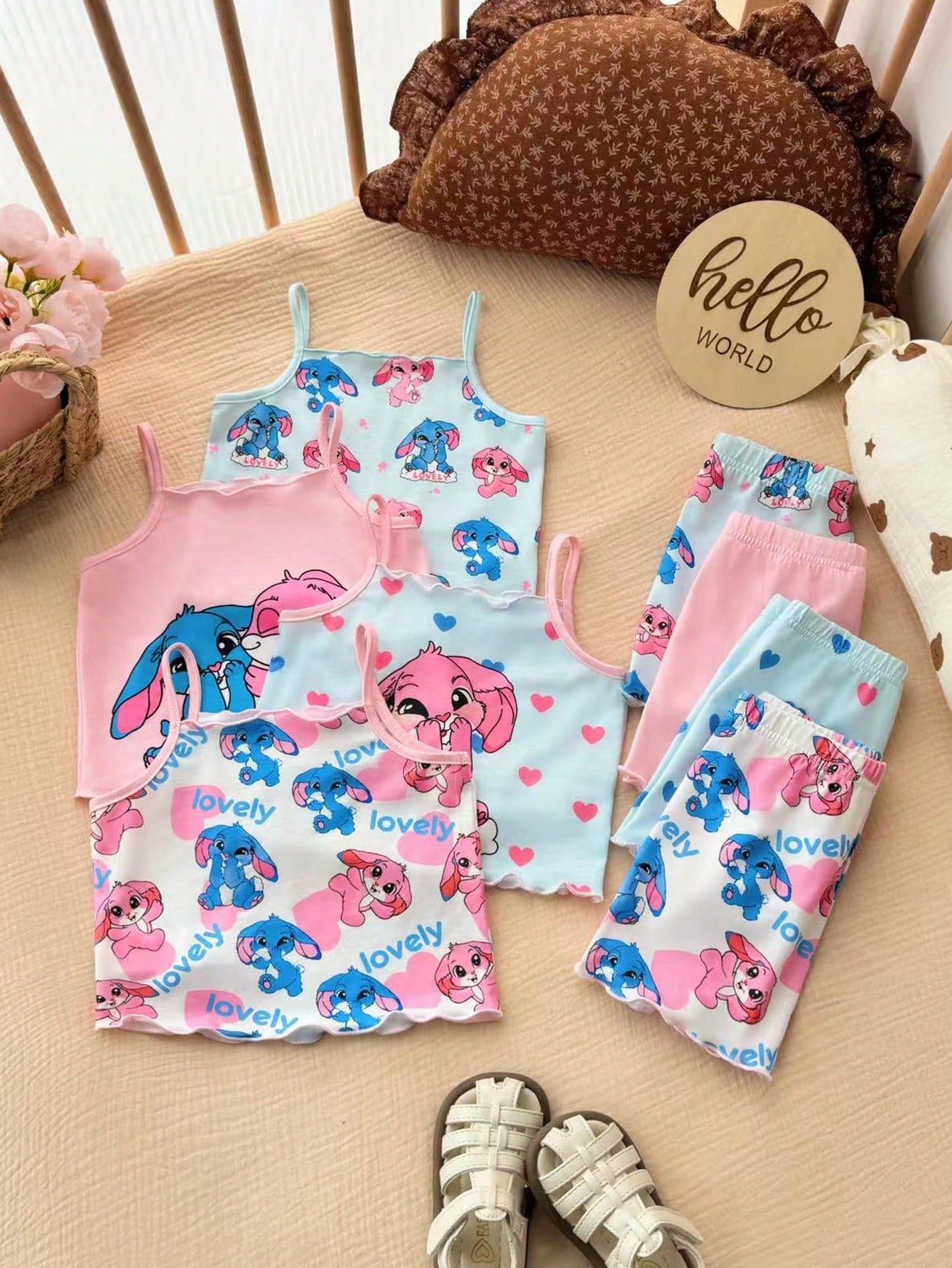 Random 8pcs/Set Baby Girl Pink And Green Summer Outfit,Casual Solid Ribbed Knit Camisole Tops And Shorts Set,Home Wear Cute Daily Clothes For Girls