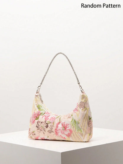 (Random Pattern) Women's Shoulder Bag, Sequin Bag, Floral Pattern, Embroidered Bag, Evening Party, Dance Decoration, Graduation Prom Bag, Graduation Prom Accessory, Wedding Supplies, Elegant, Women's