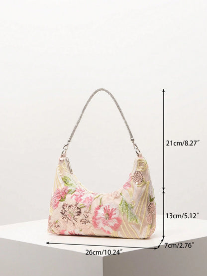 (Random Pattern) Women's Shoulder Bag, Sequin Bag, Floral Pattern, Embroidered Bag, Evening Party, Dance Decoration, Graduation Prom Bag, Graduation Prom Accessory, Wedding Supplies, Elegant, Women's