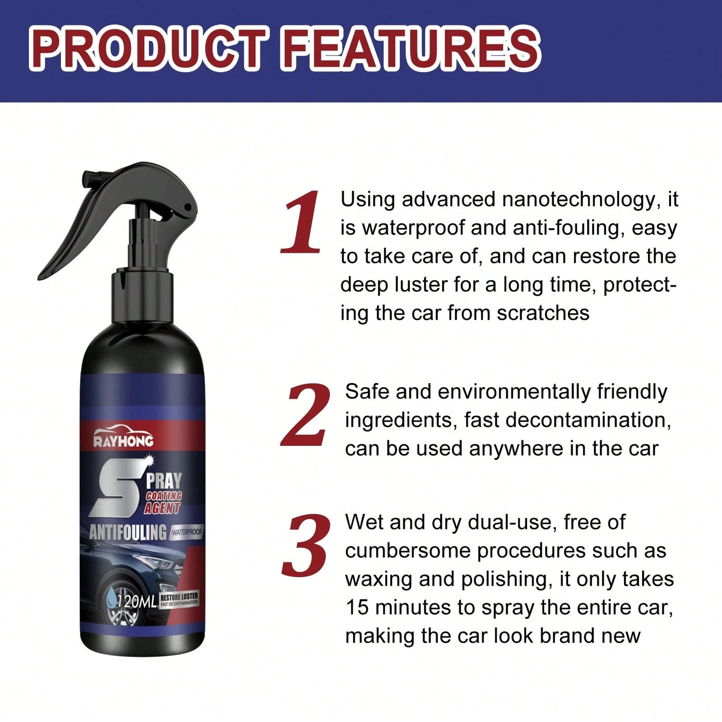 rayhong 120ml Car Coating Spray Car Scratch Removal Spray Waterproof Car Polishing Maintenance Spray Restore The Deep Luster Long-Lasting Time Quick Drying Coating Wet And Dry Dual-Use Coating Paint S