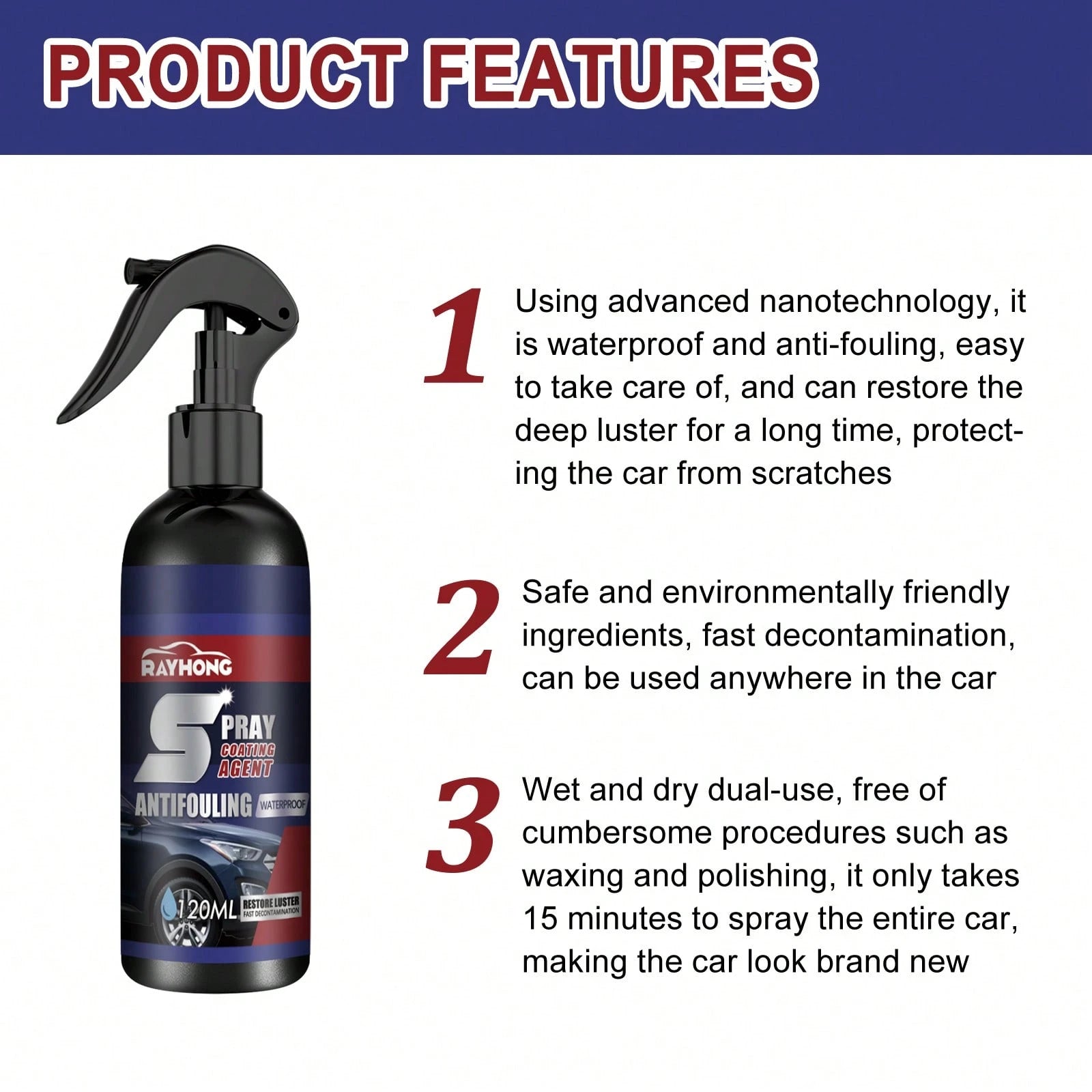 rayhong 120ml Car Coating Spray Car Scratch Removal Spray Waterproof Car Polishing Maintenance Spray Restore The Deep Luster Long-Lasting Time Quick Drying Coating Wet And Dry Dual-Use Coating Paint S