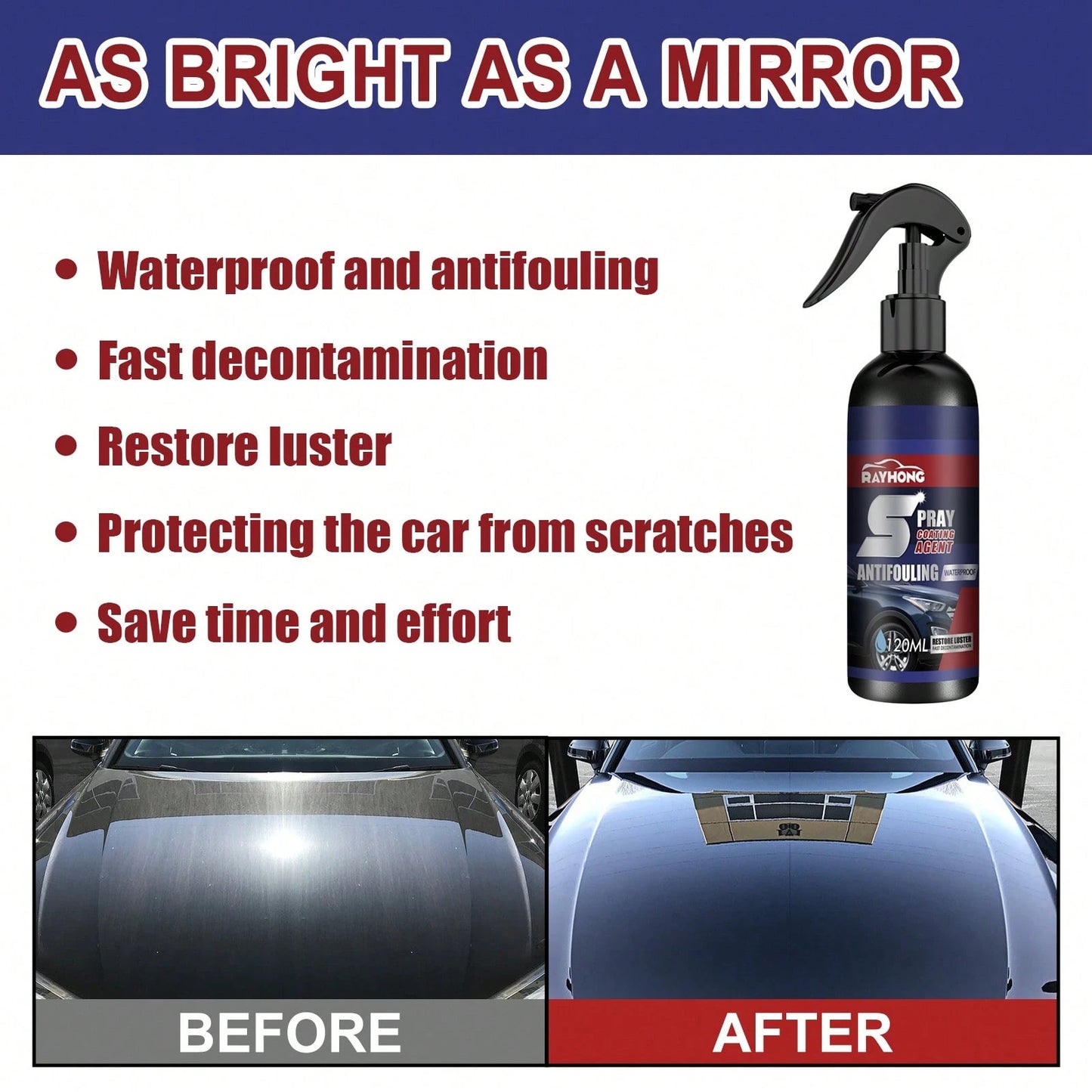 rayhong 120ml Car Coating Spray Car Scratch Removal Spray Waterproof Car Polishing Maintenance Spray Restore The Deep Luster Long-Lasting Time Quick Drying Coating Wet And Dry Dual-Use Coating Paint S