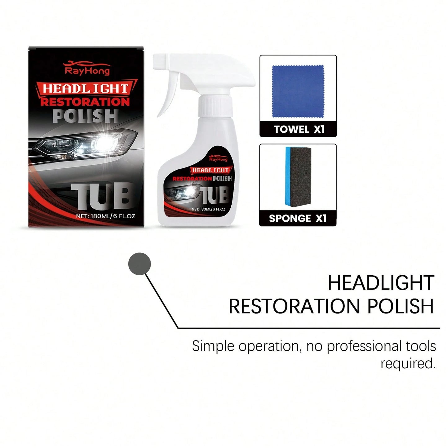 rayhong 180ml Headlight Restoration Polish Kit – Restores Clarity, Removes Yellowing, Oxidation & Haze, Long-Lasting UV Protection, Easy No-Sanding Application For Cars, Trucks & SUVs – With Towel + S