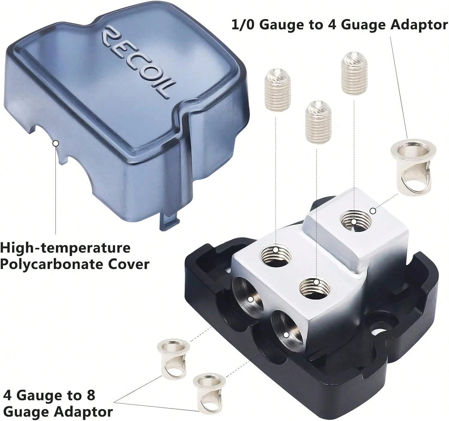 RECOIL DB12 2 Way Power Distribution Block, 1 X 0/2/4 Gauge In/ 2 X 4/8 Gauge Out Power Distribution Ground Distributor Block For Car Audio
