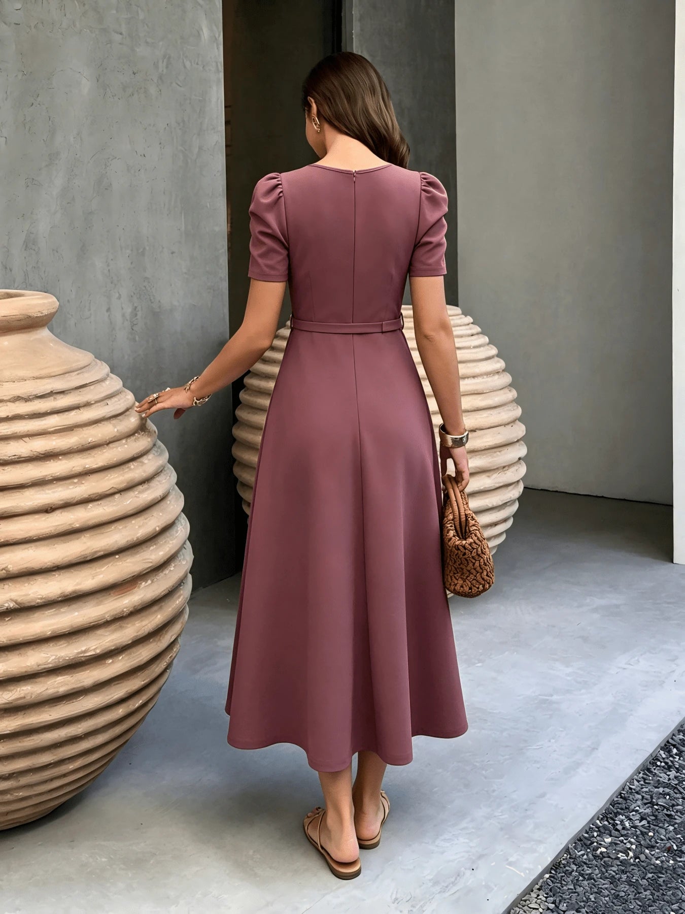 Red Elegant Belted Short Sleeve Midi Dress For Women Casual A Line Flare Skirt Spring Summer Daily Going Out Outfit MidiDress,ALineDress,SummerDress
