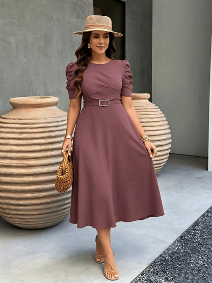 Red Elegant Belted Short Sleeve Midi Dress For Women Casual A Line Flare Skirt Spring Summer Daily Going Out Outfit MidiDress,ALineDress,SummerDress