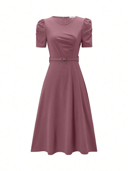 Red Elegant Belted Short Sleeve Midi Dress For Women Casual A Line Flare Skirt Spring Summer Daily Going Out Outfit MidiDress,ALineDress,SummerDress