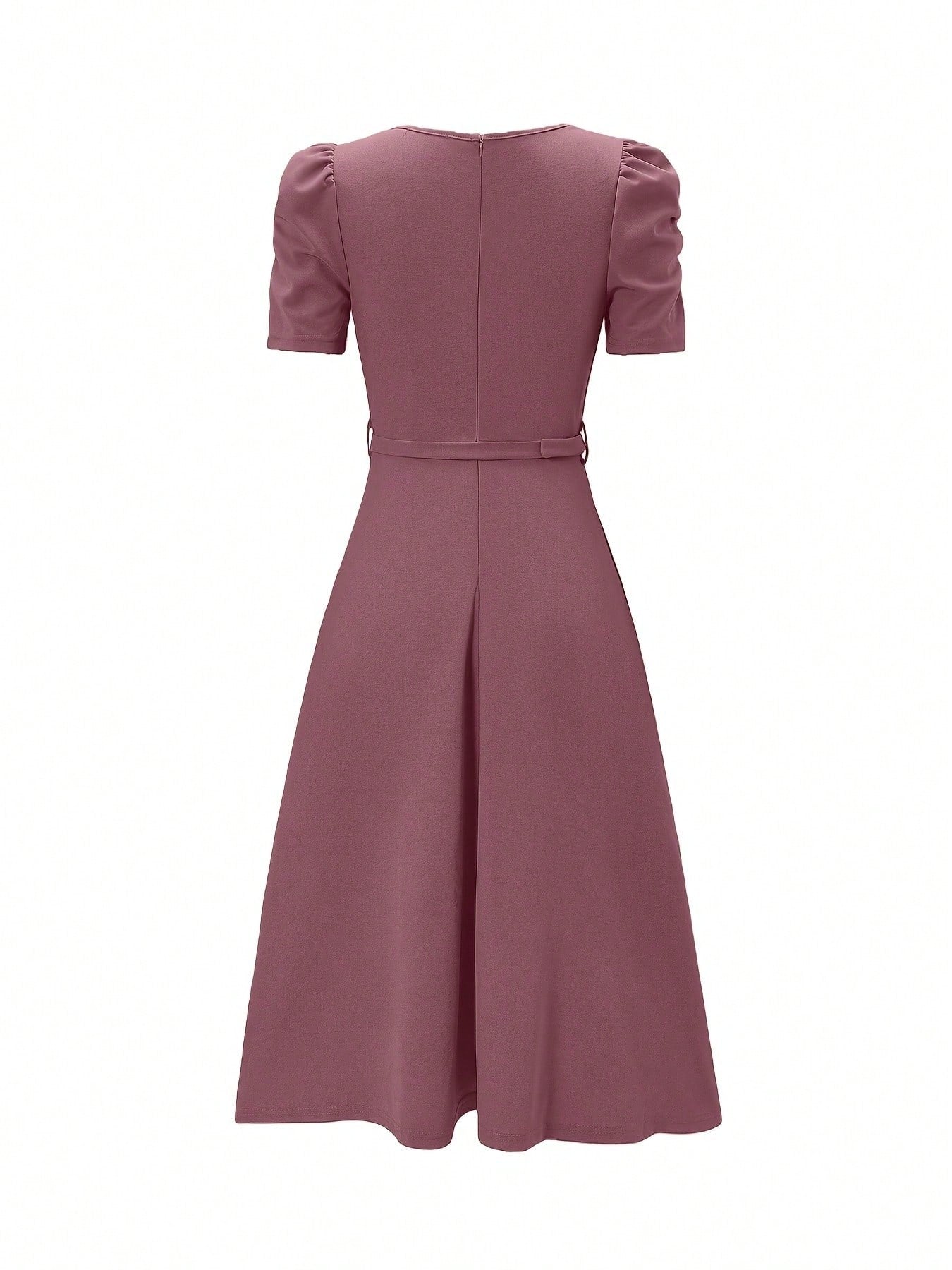 Red Elegant Belted Short Sleeve Midi Dress For Women Casual A Line Flare Skirt Spring Summer Daily Going Out Outfit MidiDress,ALineDress,SummerDress