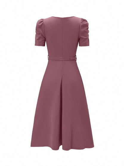Red Elegant Belted Short Sleeve Midi Dress For Women Casual A Line Flare Skirt Spring Summer Daily Going Out Outfit MidiDress,ALineDress,SummerDress