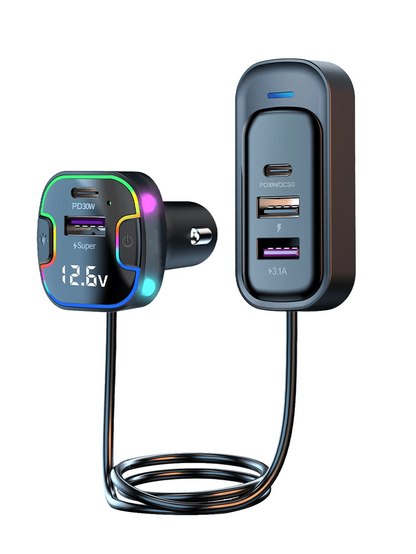 REMAX 120W 5-Port Car Charger With 1.5m Extension Cable, 2 USB-C & 3 USB-A Fast Charging Ports, Colorful Ambient Light, Shock-Resistant Design & Multiple Charging Protections, Type-C Charger, IPhone C
