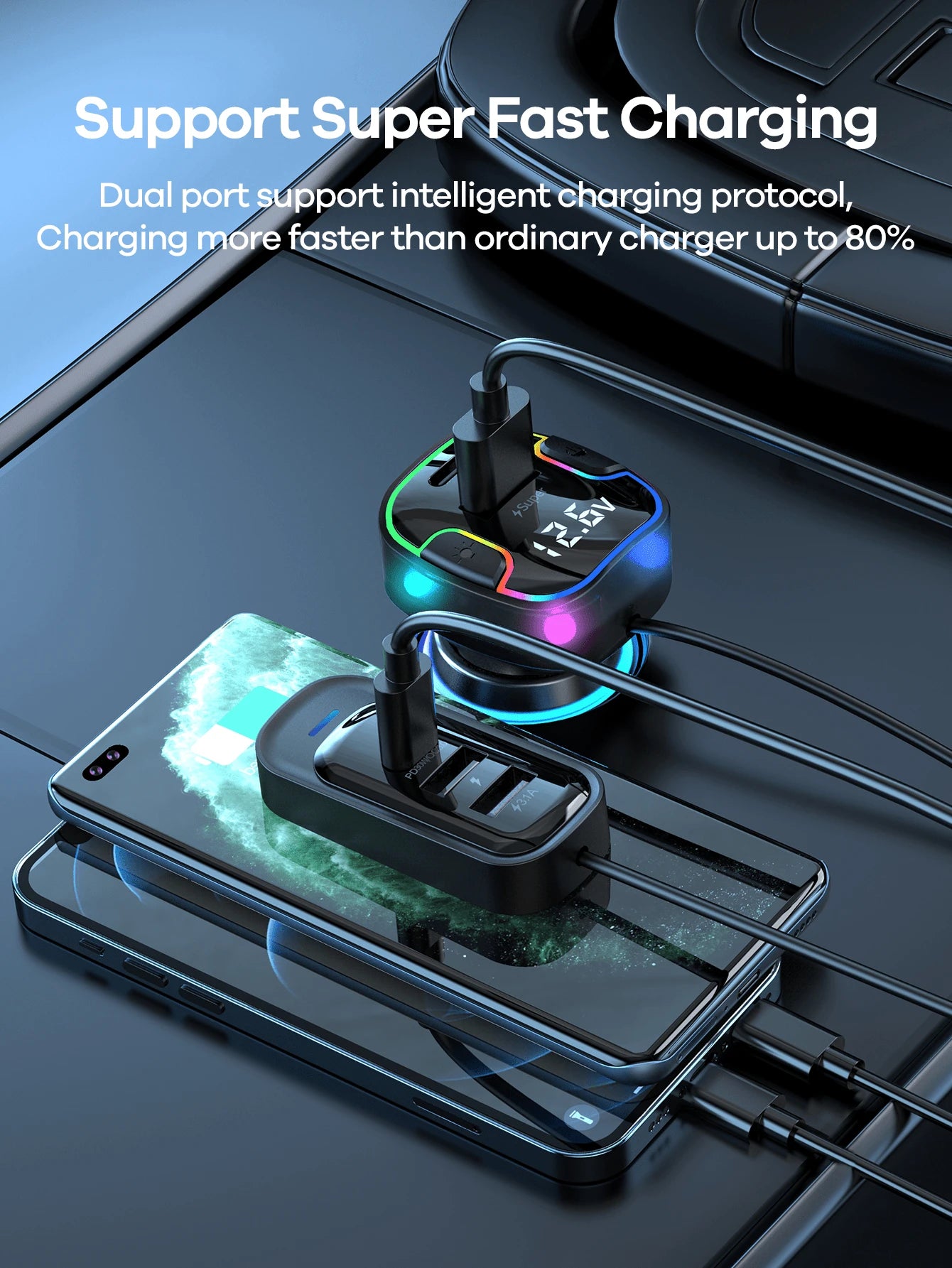 REMAX 120W 5-Port Car Charger With 1.5m Extension Cable, 2 USB-C & 3 USB-A Fast Charging Ports, Colorful Ambient Light, Shock-Resistant Design & Multiple Charging Protections, Type-C Charger, IPhone C