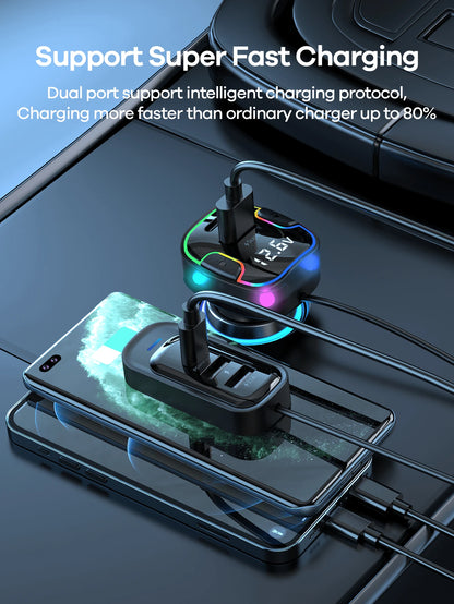 REMAX 120W 5-Port Car Charger With 1.5m Extension Cable, 2 USB-C & 3 USB-A Fast Charging Ports, Colorful Ambient Light, Shock-Resistant Design & Multiple Charging Protections, Type-C Charger, IPhone C