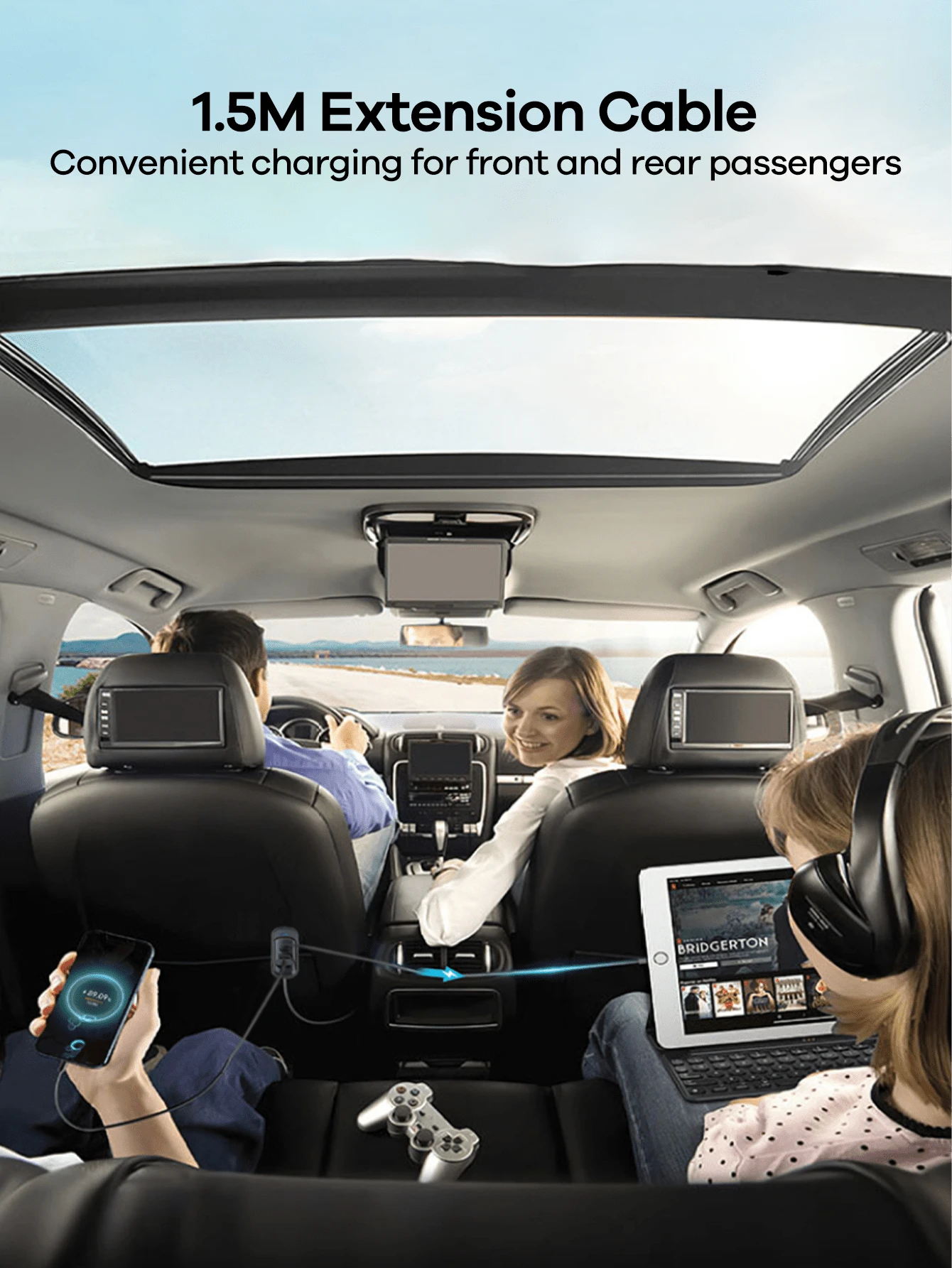 REMAX 120W 5-Port Car Charger With 1.5m Extension Cable, 2 USB-C & 3 USB-A Fast Charging Ports, Colorful Ambient Light, Shock-Resistant Design & Multiple Charging Protections, Type-C Charger, IPhone C