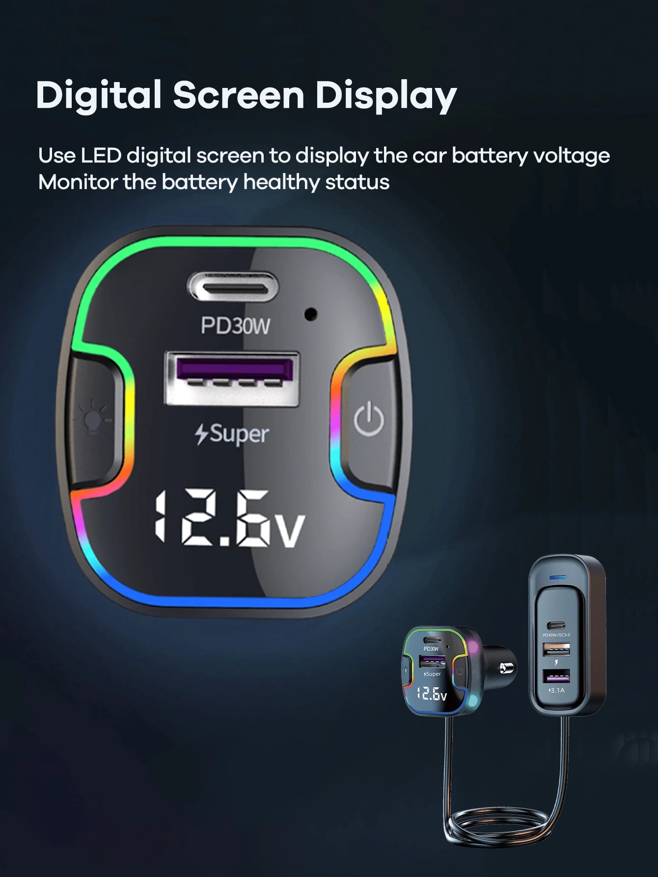 REMAX 120W 5-Port Car Charger With 1.5m Extension Cable, 2 USB-C & 3 USB-A Fast Charging Ports, Colorful Ambient Light, Shock-Resistant Design & Multiple Charging Protections, Type-C Charger, IPhone C