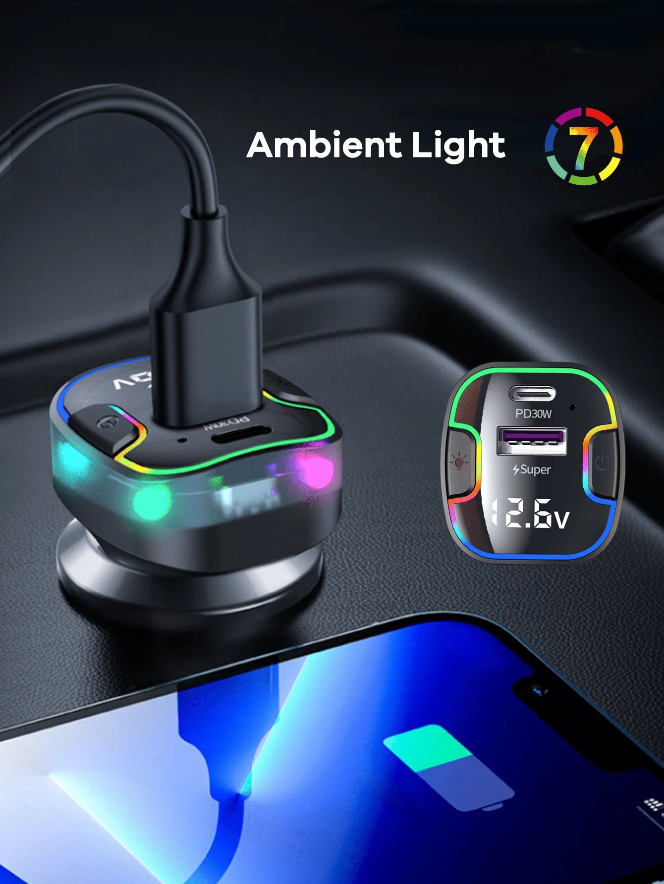 REMAX 120W 5-Port Car Charger With 1.5m Extension Cable, 2 USB-C & 3 USB-A Fast Charging Ports, Colorful Ambient Light, Shock-Resistant Design & Multiple Charging Protections, Type-C Charger, IPhone C