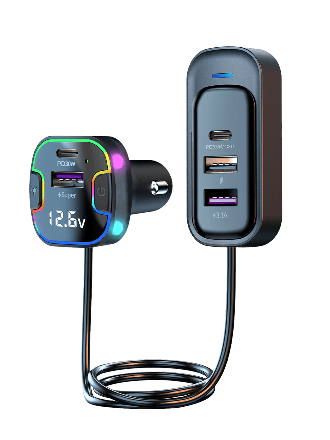 REMAX 120W 5-Port Car Charger With 1.5m Extension Cable, 2 USB-C & 3 USB-A Fast Charging Ports, Colorful Ambient Light, Shock-Resistant Design & Multiple Charging Protections, Type-C Charger, IPhone C