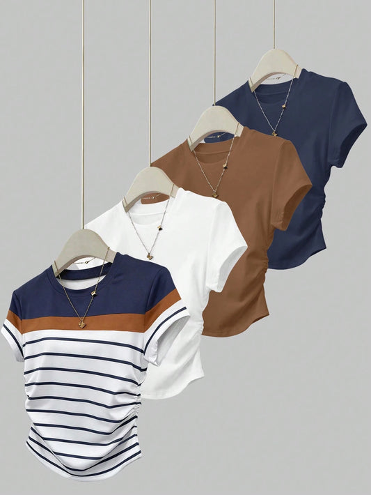 Resyla 4pcs/Set Women's Outdoor Casual Sports Tops, Summer New Arrivals, Brown, White, Blue, Multicolor Striped Slim Fit T-Shirts