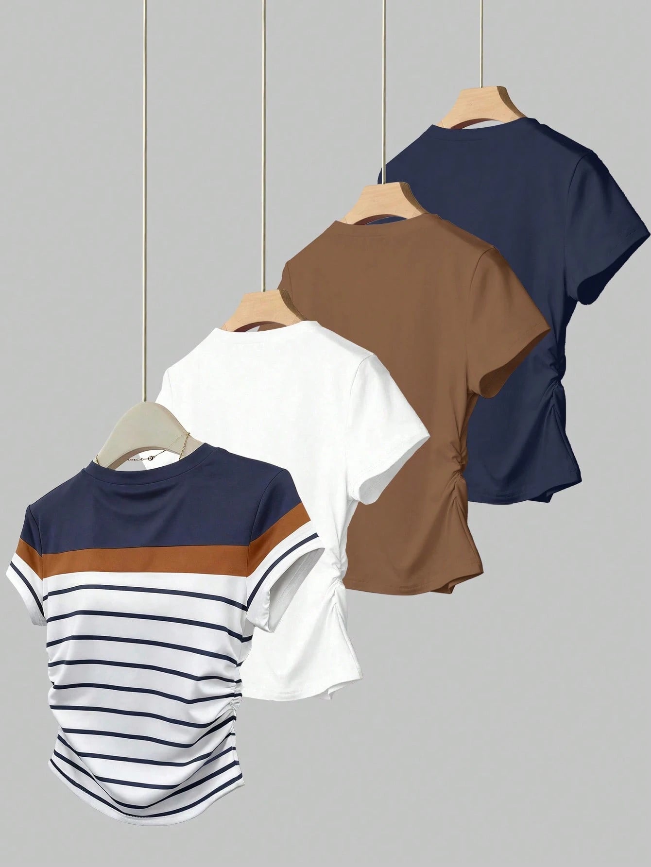 Resyla 4pcs/Set Women's Outdoor Casual Sports Tops, Summer New Arrivals, Brown, White, Blue, Multicolor Striped Slim Fit T-Shirts