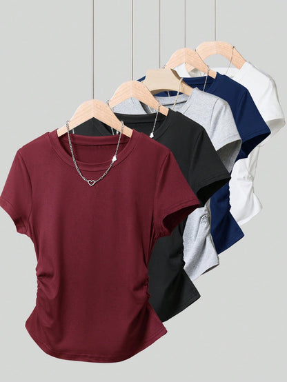 Resyla 4pcs/Set Women's Outdoor Casual Sports Tops, Summer New Arrivals, Brown, White, Blue, Multicolor Striped Slim Fit T-Shirts