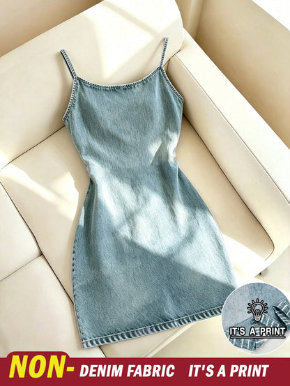 Resyla New Arrival Bestselling Denim Effect Print Regular Fit Women's Camisole Bodycon Mini Dress