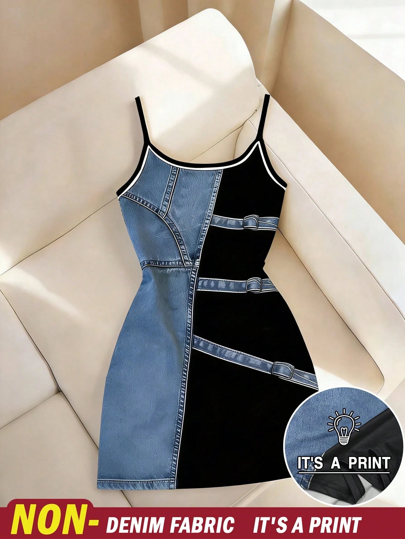 Resyla New Arrival Bestselling Denim Effect Print Regular Fit Women's Camisole Bodycon Mini Dress