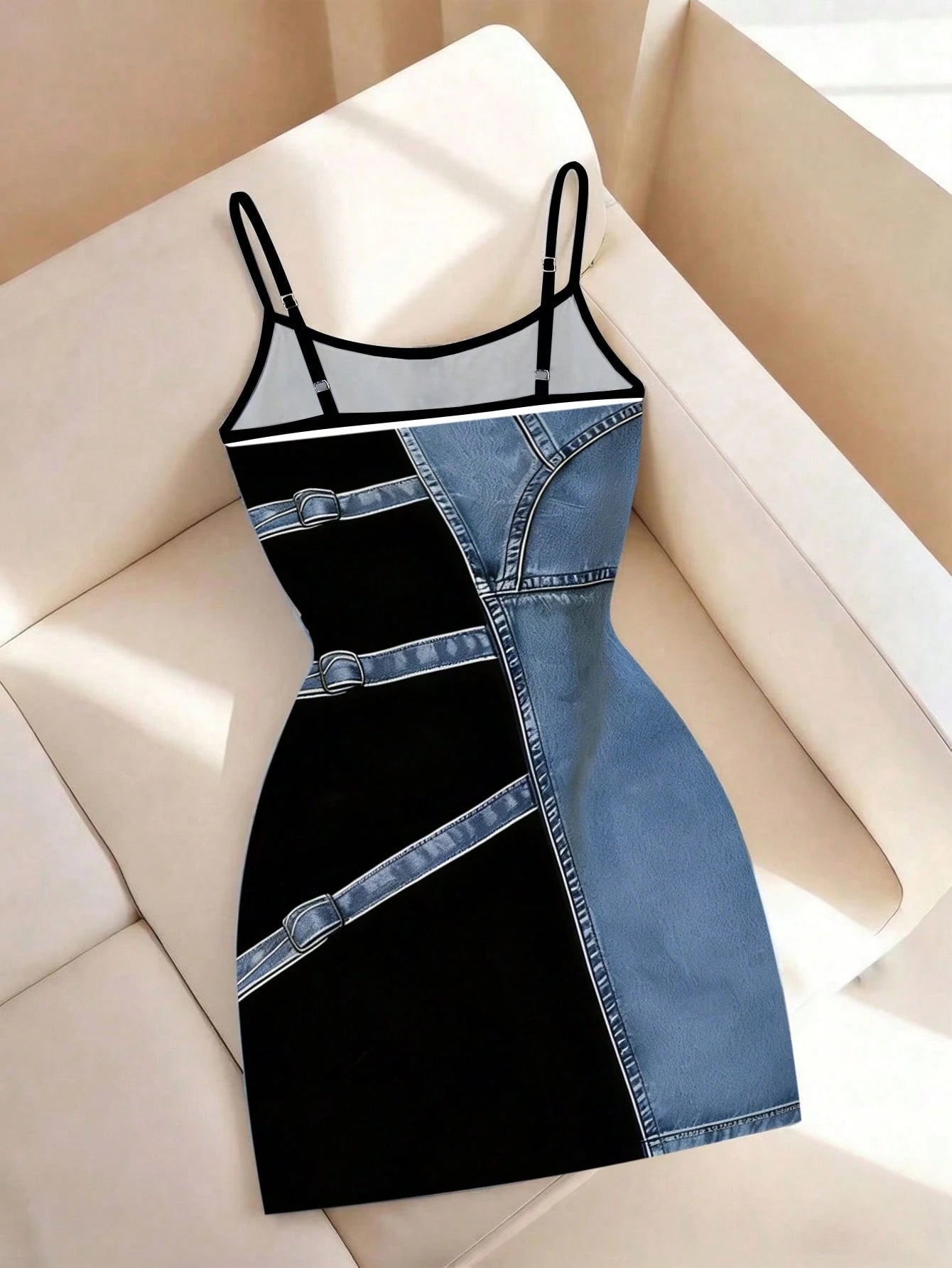 Resyla New Arrival Bestselling Denim Effect Print Regular Fit Women's Camisole Bodycon Mini Dress