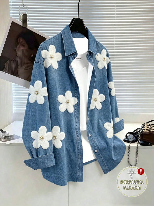 Resyla Plus Size 3D Faux Pearl Floral Digital Print Pattern Blouse For Women Fall