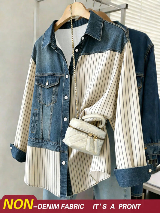 Resyla Plus Size Summer Striped Patchwork Vintage Faux Print Shirt Fall