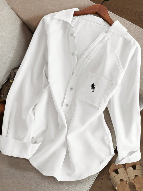 Resyla Women's Solid Color Minimalist Relaxed Fit Embroidered V-Neck Long Sleeve Shirt