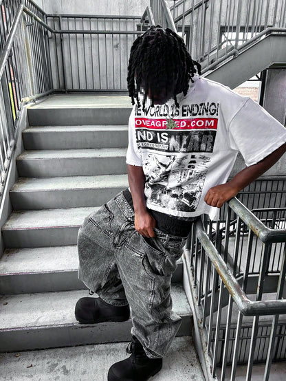 Retro Cool Street Inspired Manifesto Style "Doomsday" Newspaper Graffiti Short Sleeved T-Shirt, Pure Cotton Breathable Men's And Women's Daily Tops