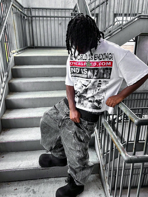 Retro Cool Street Inspired Manifesto Style "Doomsday" Newspaper Graffiti Short Sleeved T-Shirt, Pure Cotton Breathable Men's And Women's Daily Tops