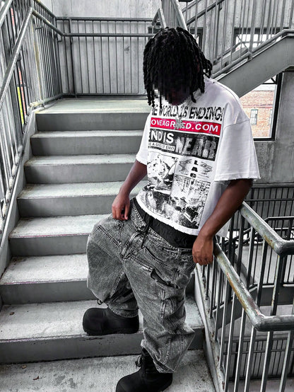 Retro Cool Street Inspired Manifesto Style "Doomsday" Newspaper Graffiti Short Sleeved T-Shirt, Pure Cotton Breathable Men's And Women's Daily Tops