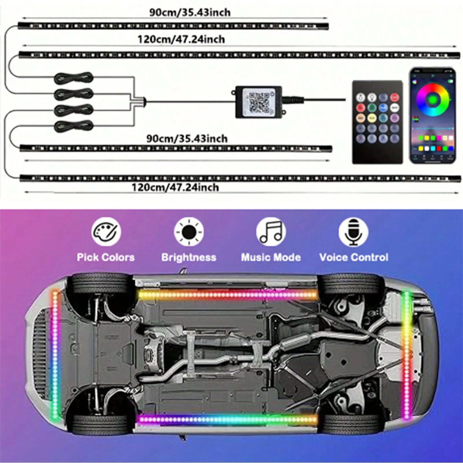 RGB 4-In-1 Colorful LED Chassis Light Strip, Car Decorative Atmosphere Light And Neon Light Effect, APP/Remote Control, 16 Million Color Lighting Effect Adjustment, Music Microphone Synchronization, H