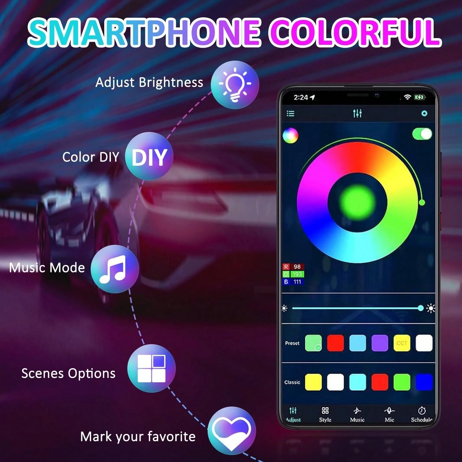 RGB 4-In-1 Colorful LED Chassis Light Strip, Car Decorative Atmosphere Light And Neon Light Effect, APP/Remote Control, 16 Million Color Lighting Effect Adjustment, Music Microphone Synchronization, H