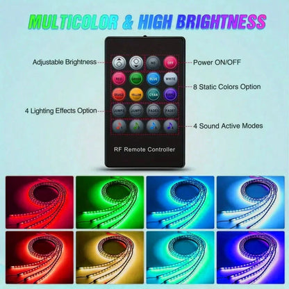RGB 4-In-1 Colorful LED Chassis Light Strip, Car Decorative Atmosphere Light And Neon Light Effect, APP/Remote Control, 16 Million Color Lighting Effect Adjustment, Music Microphone Synchronization, H