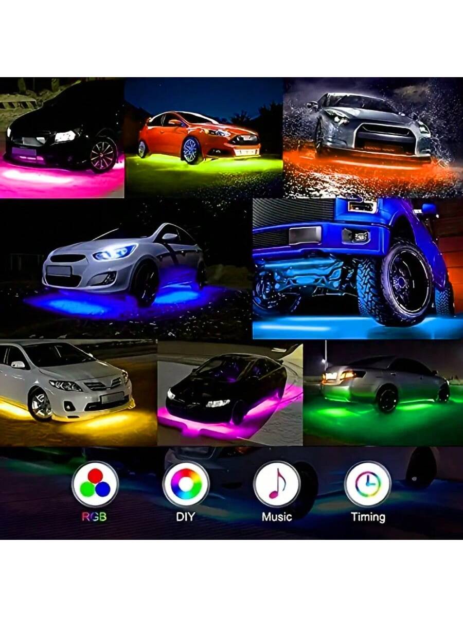 RGB 4-In-1 Colorful LED Chassis Light Strip, Car Decorative Atmosphere Light And Neon Light Effect, APP/Remote Control, 16 Million Color Lighting Effect Adjustment, Music Microphone Synchronization, H
