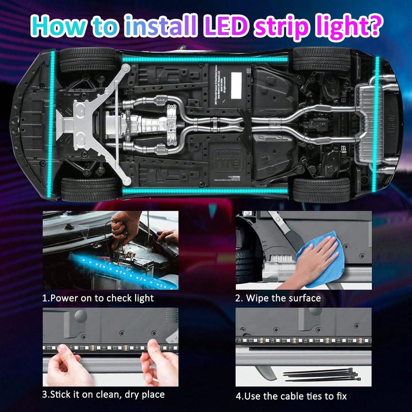 RGB 4-In-1 Colorful LED Chassis Light Strip, Car Decorative Atmosphere Light And Neon Light Effect, APP/Remote Control, 16 Million Color Lighting Effect Adjustment, Music Microphone Synchronization, H