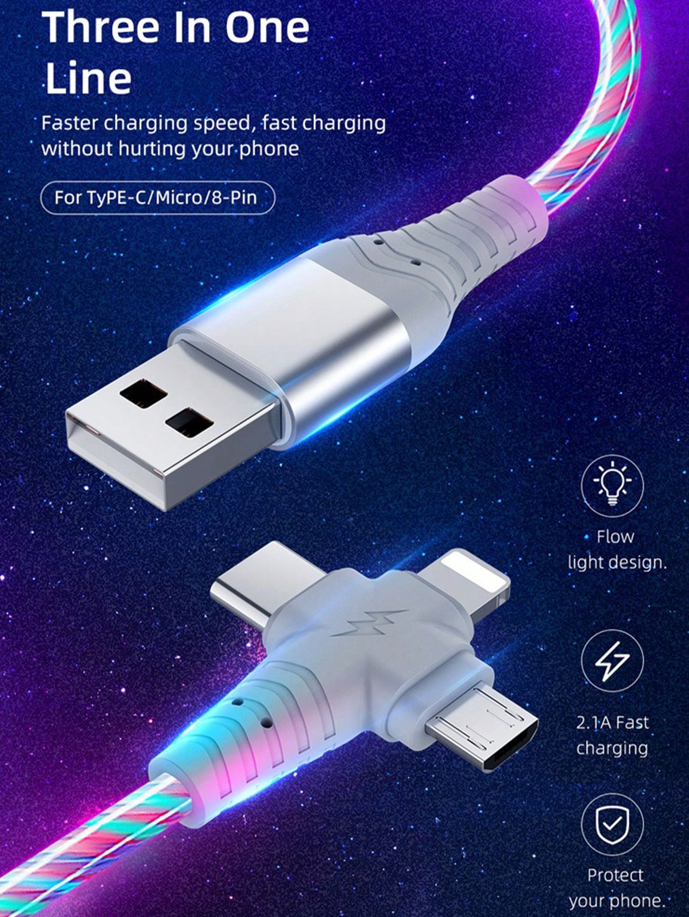 RGB Gradient LED Illuminated USB-C Fast Charging Cable, 3-In-1 Universal Charging Cord With Micro USB & Type-C Interfaces, 3.3ft/6.6ft, Compatible With IPhone, Android Phones, Cameras, MP3 Players, Na