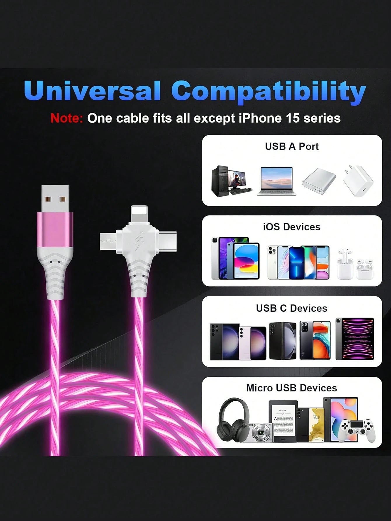 RGB Gradient LED Illuminated USB-C Fast Charging Cable, 3-In-1 Universal Charging Cord With Micro USB & Type-C Interfaces, 3.3ft/6.6ft, Compatible With IPhone, Android Phones, Cameras, MP3 Players, Na