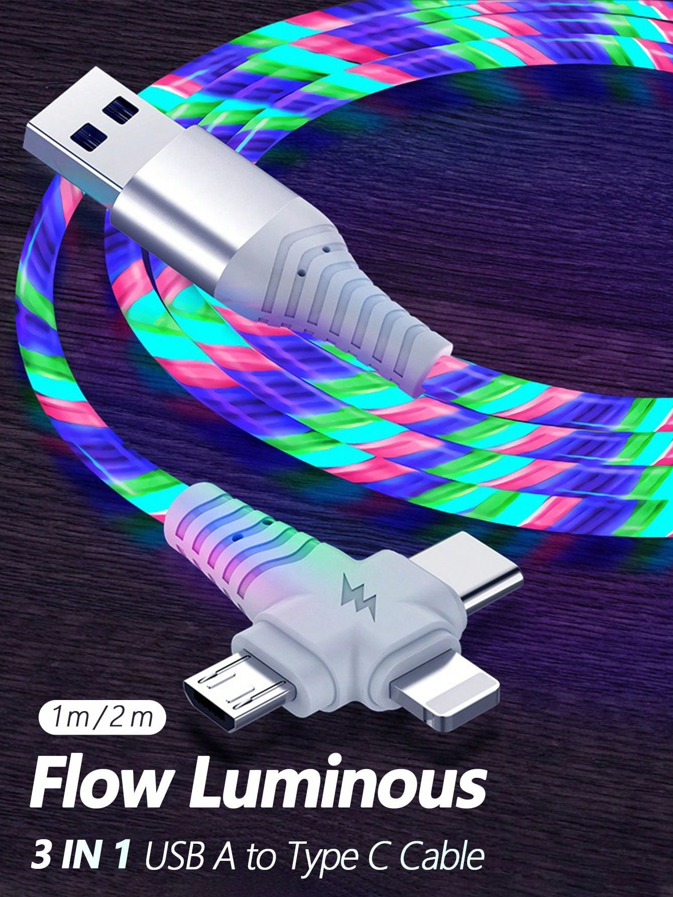 RGB Gradient LED Illuminated USB-C Fast Charging Cable, 3-In-1 Universal Charging Cord With Micro USB & Type-C Interfaces, 3.3ft/6.6ft, Compatible With IPhone, Android Phones, Cameras, MP3 Players, Na