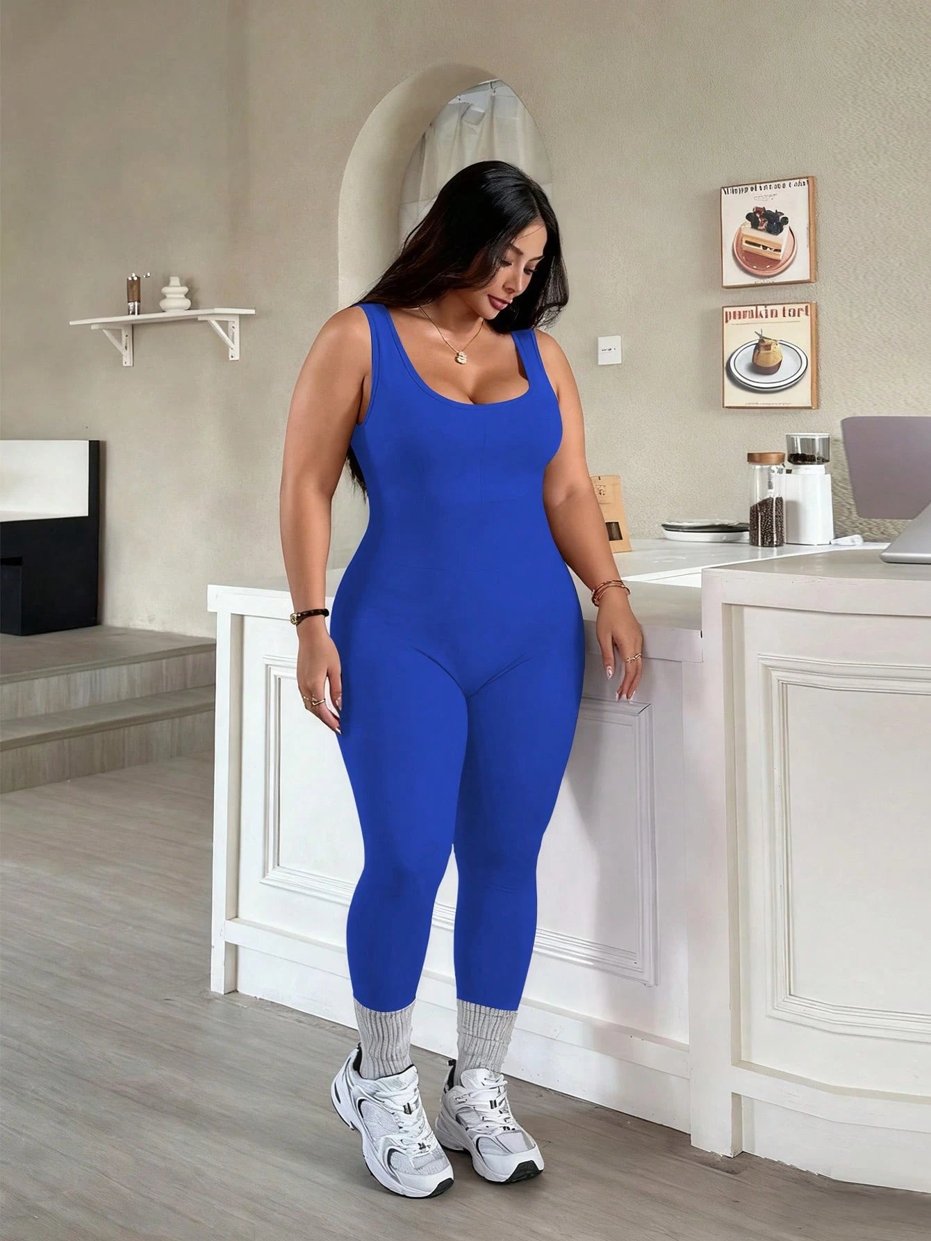 Rhythm Era 1pc Plus Size Black Fashion Backless Jumpsuit, Comfortable Elastic Seamless Knit Yoga Fitness Workout