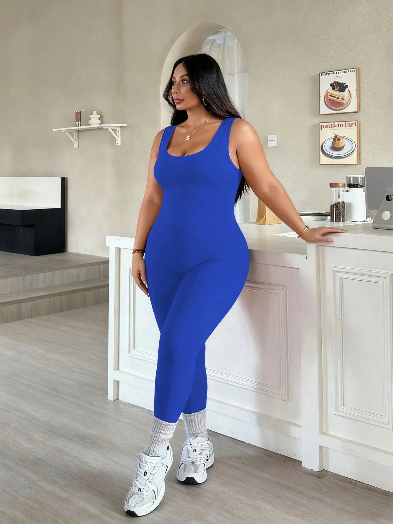 Rhythm Era 1pc Plus Size Black Fashion Backless Jumpsuit, Comfortable Elastic Seamless Knit Yoga Fitness Workout