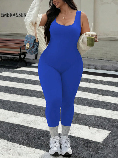 Rhythm Era 1pc Plus Size Black Fashion Backless Jumpsuit, Comfortable Elastic Seamless Knit Yoga Fitness Workout