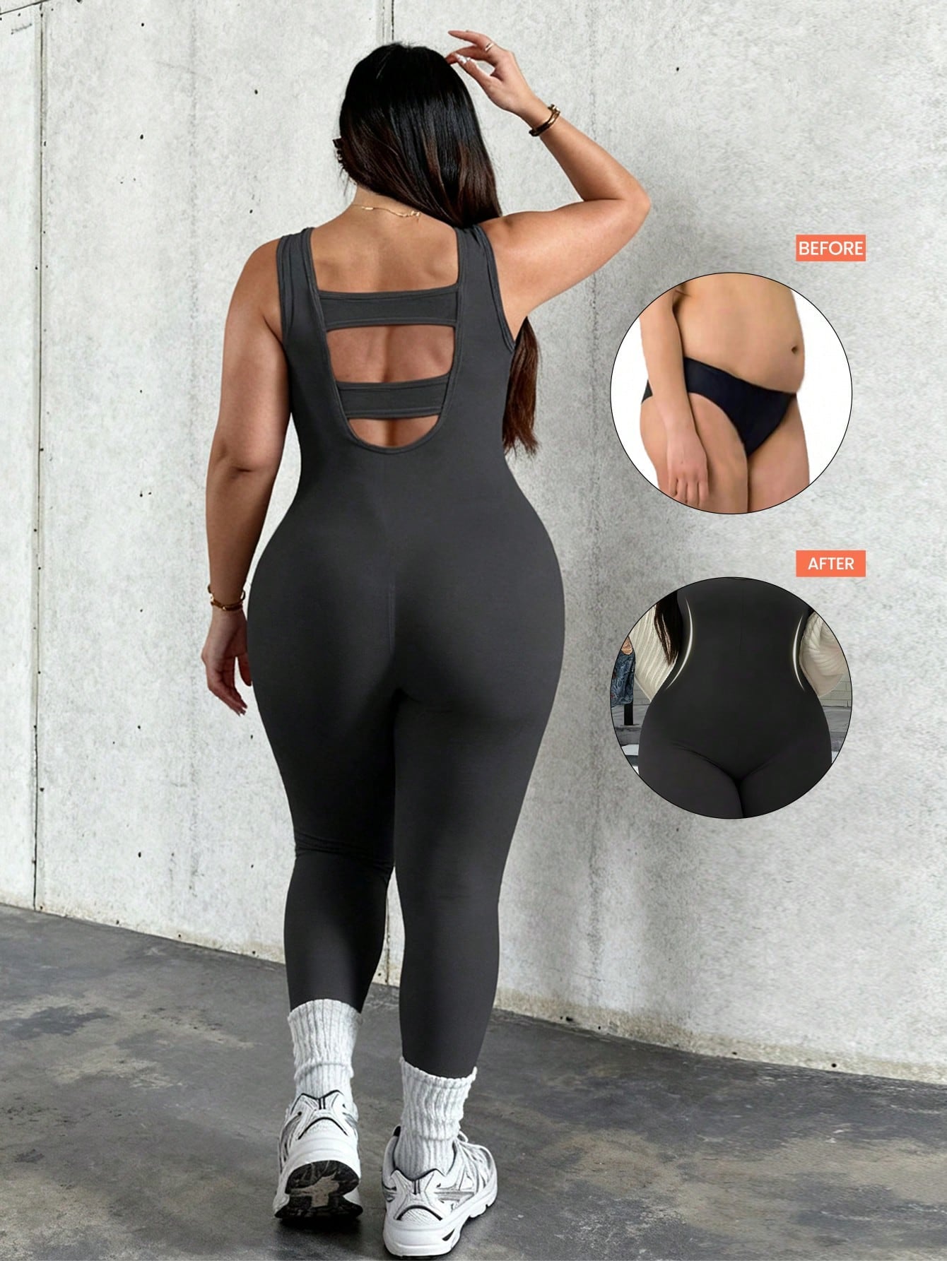 Rhythm Era 1pc Plus Size Black Fashion Backless Jumpsuit, Comfortable Elastic Seamless Knit Yoga Fitness Workout