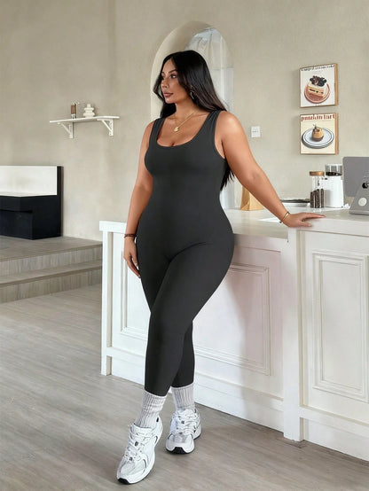 Rhythm Era 1pc Plus Size Black Fashion Backless Jumpsuit, Comfortable Elastic Seamless Knit Yoga Fitness Workout